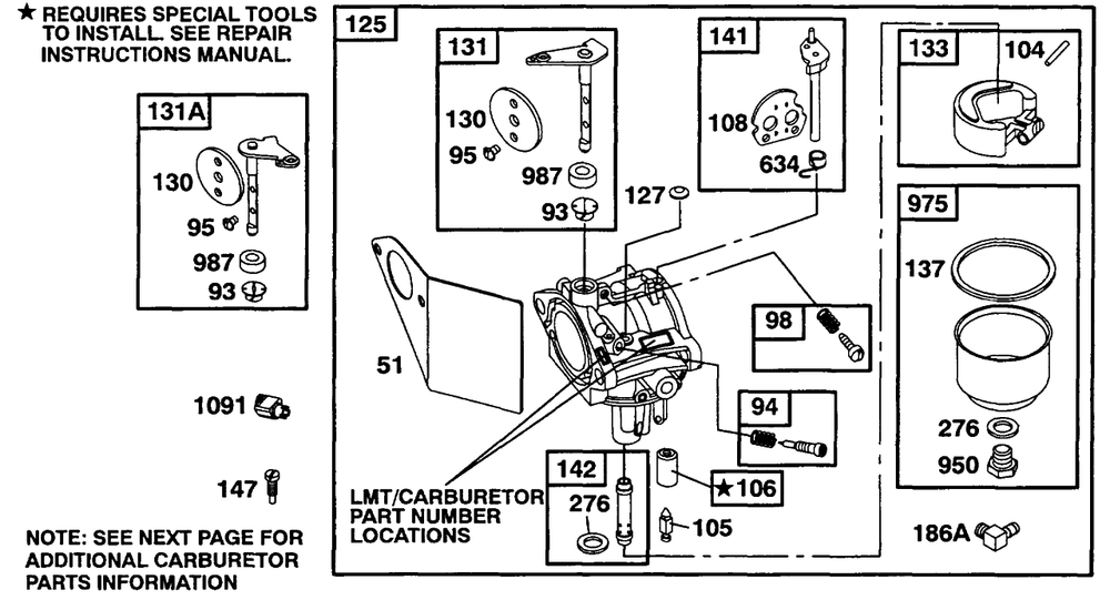 Carburetor Group Diagram and Parts List for 19A402-0699-XX  Briggs and Stratton Engine